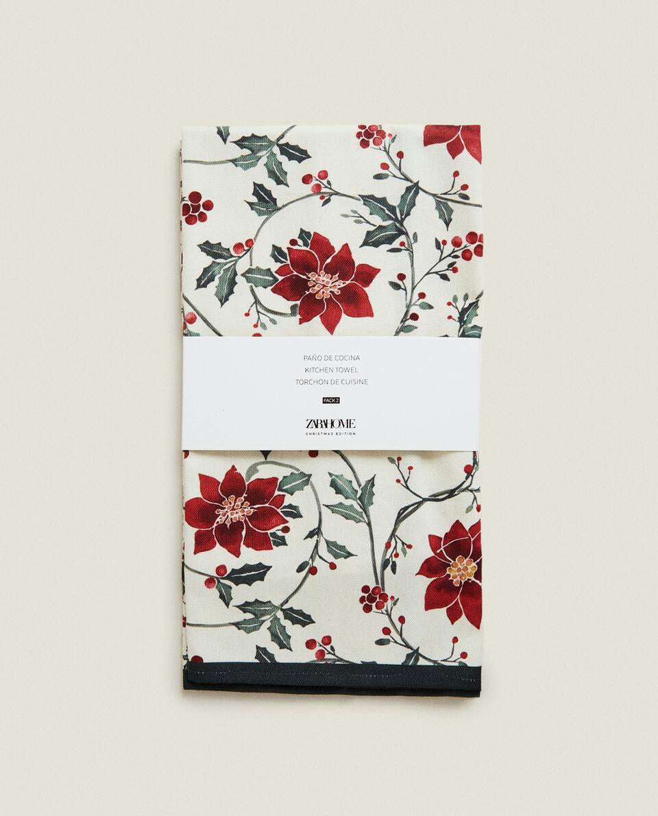 PACK OF COTTON CHRISTMAS HOLLY TEA TOWELS (PACK OF 2)