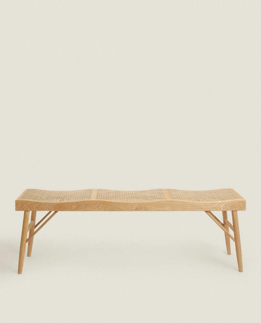 WOOD AND RATTAN BENCH