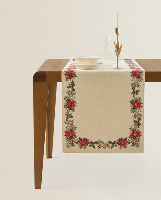 CHRISTMAS POINSETTIA JACQUARD COTTON TABLE RUNNER