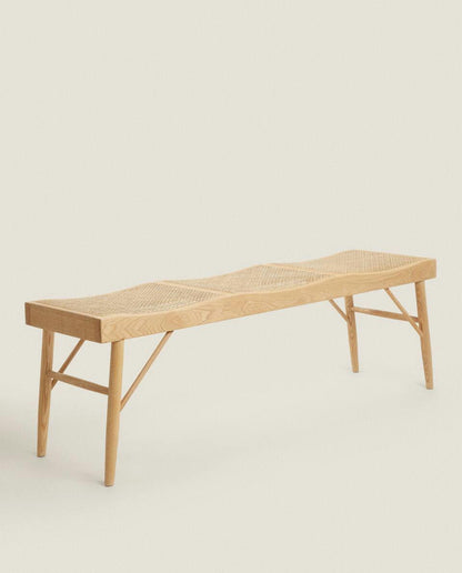 WOOD AND RATTAN BENCH