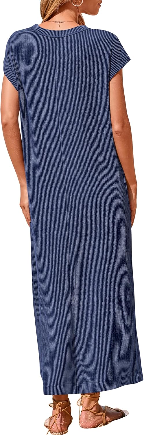Women's Ribbed Henley Button Up Split Long Dress (Buy 2 Free Shipping)