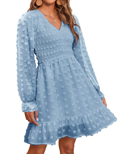 Women's Spring V Neck Swiss Dot Chiffon Mini Dress (Buy 2 Free Shipping)