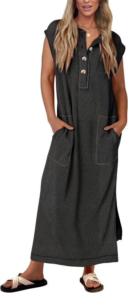 Women's Ribbed Henley Button Up Split Long Dress (Buy 2 Free Shipping)