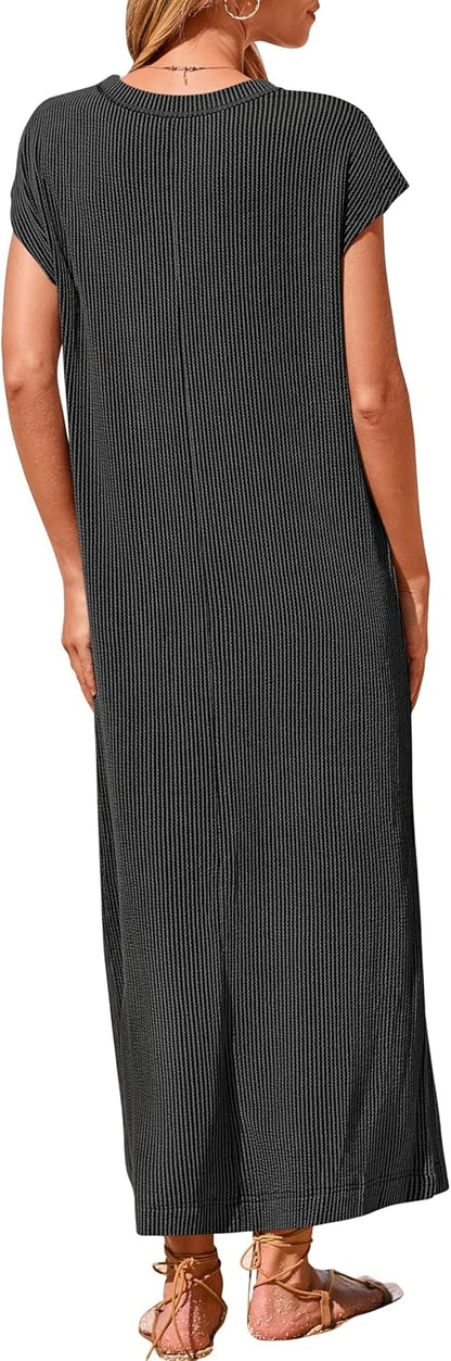 Women's Ribbed Henley Button Up Split Long Dress (Buy 2 Free Shipping)