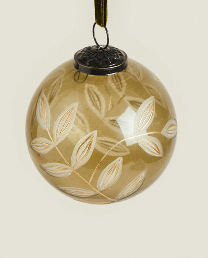 CHRISTMAS GLASS BAUBLE WITH LEAVES DECORATION