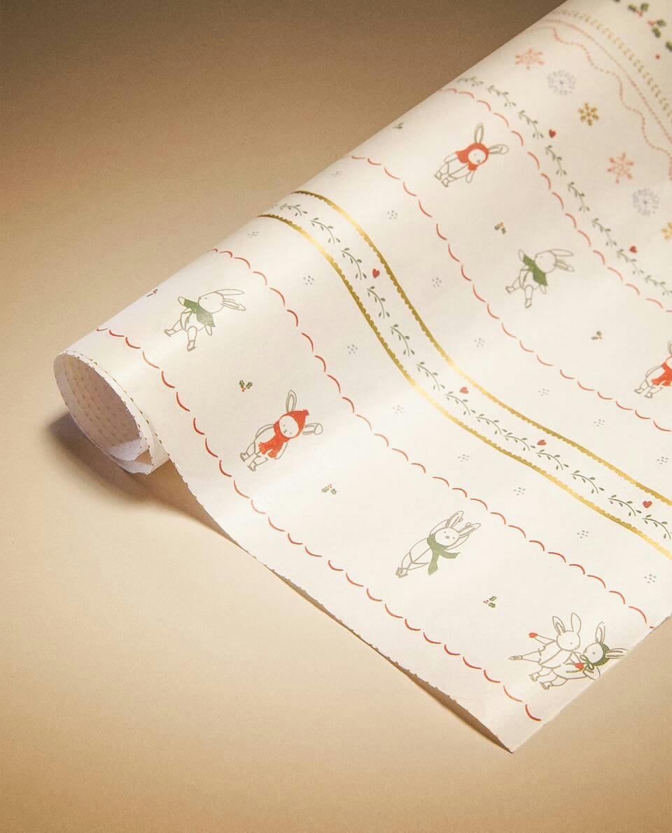 CHILDREN’S WRAPPING PAPER WITH CHRISTMAS BUNNY RABBITS