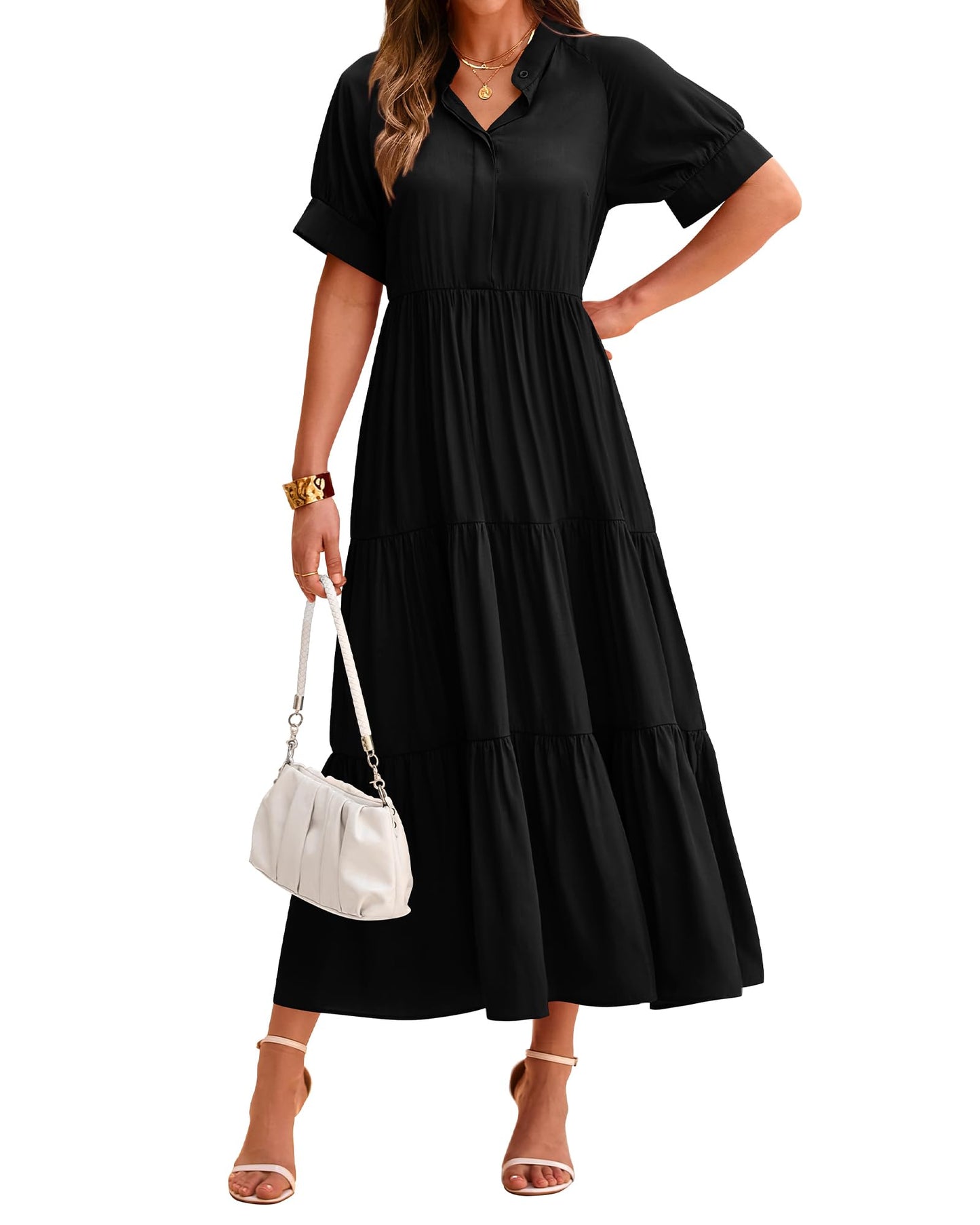 Women's Casual Button Short Sleeve Pleated Tiered Midi Dress (Buy 2 Free Shipping)